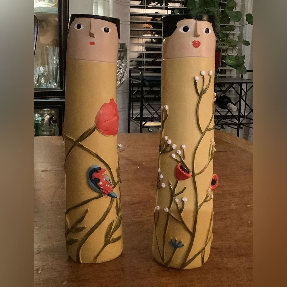 Artistic Yellow Vases with Floral and Bird Design